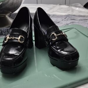 Black Patent Platform Loafer Heels with Silver Bit Detail